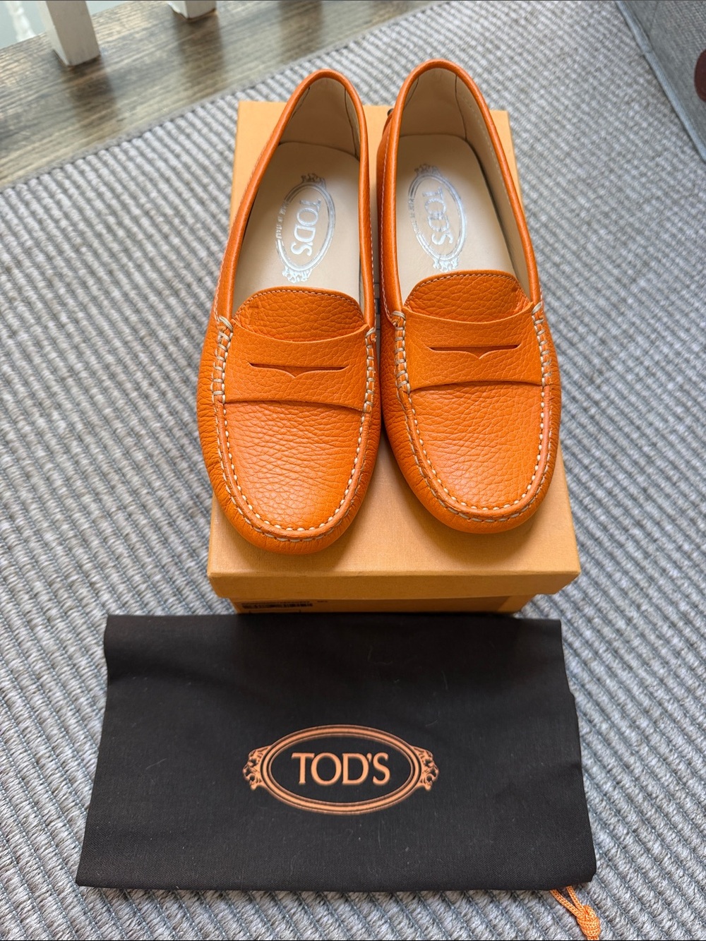 Tod's Orange Pebbled Leather Penny Loafers